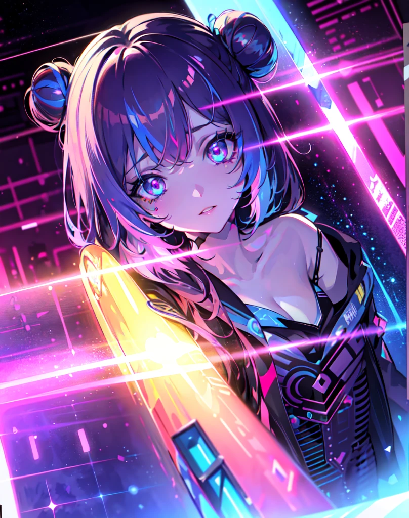 {{masterpiece}}, best quality, extremely detailed CG unity 8k wallpaper, cinematic lighting, lens flare, beautiful detail eyes of cyber neon blue and hot pink with a hot pink heart pupil and light , black, side glance, dark blue bangs hot pink bun and cyber blue back hair, colorful light, particles,, (colorful:1.5), (colorful hair:1.5),