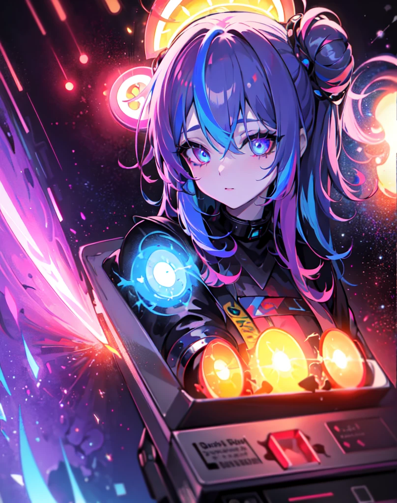 {{masterpiece}}, best quality, extremely detailed CG unity 8k wallpaper, cinematic lighting, lens flare, beautiful detail eyes of cyber neon blue and hot pink with a hot pink heart pupil and light , black,  side glance, dark blue bangs hot pink bun and cyber blue back hair, colorful light, particles,, (colorful:1.5), (colorful hair:1.5), 