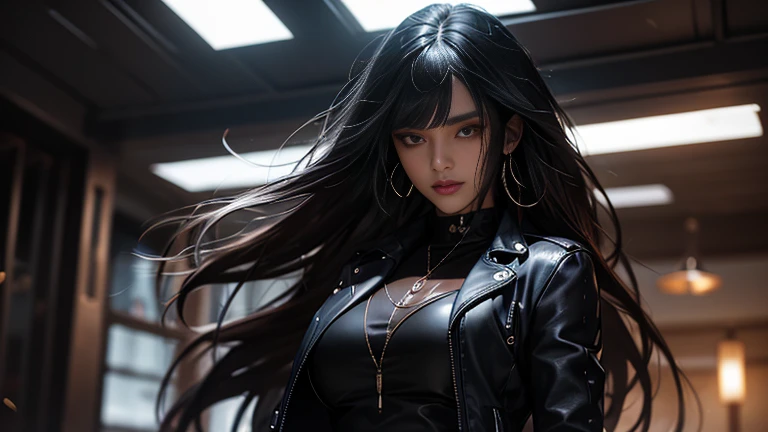 Beautiful 25 year old Indian female vampire mercenary with long silver hair, Brown Skin, (Wearing a blue leather jacket and tight black pants;1.3), Owns a rifle, View from the front, Waist up shot, Dynamic pose, Ambient Lighting, Photographic realism, Intricate facial details, Exquisite handcrafted details, Very detailed, Vibrant colors, Cinematic, High resolution, Artstation Trend Style Raw