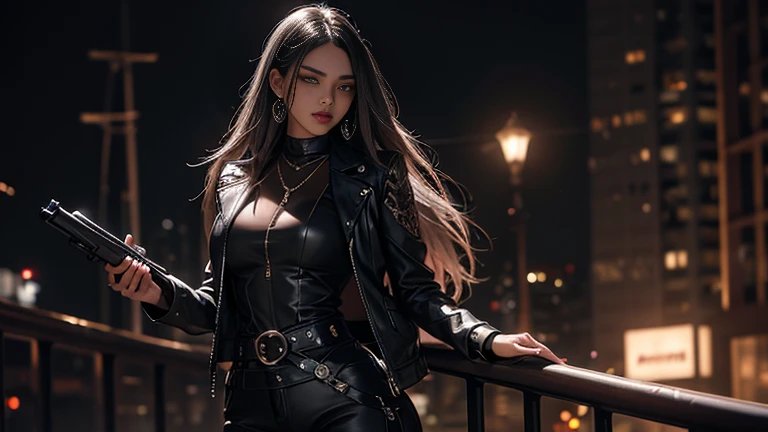 Beautiful 25 year old Indian female vampire mercenary with long silver hair, Brown Skin, (Wearing a blue leather jacket and tight black pants;1.3), Owns a rifle, View from the front, Waist up shot, Dynamic pose, Ambient Lighting, Photographic realism, Intricate facial details, Exquisite handcrafted details, Very detailed, Vibrant colors, Cinematic, High resolution, Artstation Trend Style Raw