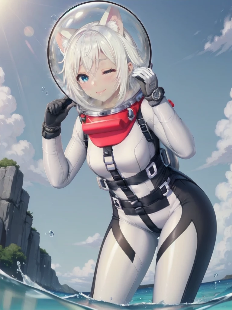 Highly detailed CG, 8k_wallpaper, top quality, masterpiece, higher eyes and nose, very delicate and beautiful, beautiful, detailed, very detailed, intricate, photorealistic, very detailed, (blue eyes: 1), (beautiful hands) , (beautiful fingers ), , (flat chest1.5), necklace (water:1.3), beach, (abs:1.3), (messy hair:1.5), (leaning forward:1), staring audience, (smile:1.3), (one eye closed:1.2), (sweating), (beautiful toes), (6 years old:1.5), (1female), (ash white hair:1.5),(middle hair:1 ), (dark skin: 1.4), (thigh girth: 1.3), beautiful, narrow waist, white thigh highs, skin curve, narrow waist, thighs, wide hips, eyeliner, eyelashes, perfect face, detailed eyes, (dark skin : 1.5),,,swimsuit, space helmet, CAT EARS, bubble helmet, eva helmet, WHITE BODYSUIT, FROM BELOW