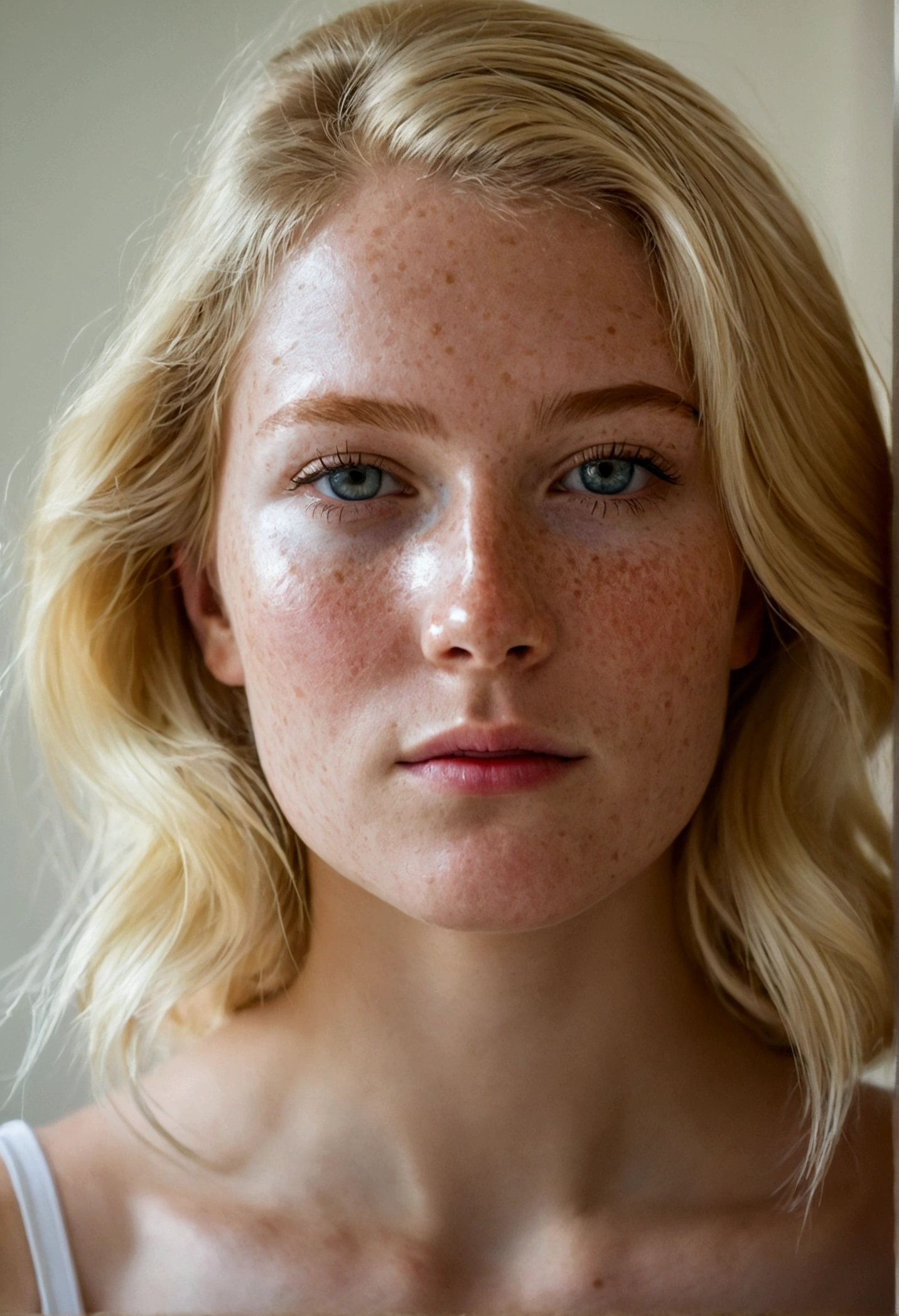 summer6, portrait d&#39;a beautiful blonde, detailed skin texture, light freckles, in her bedroom, front view
