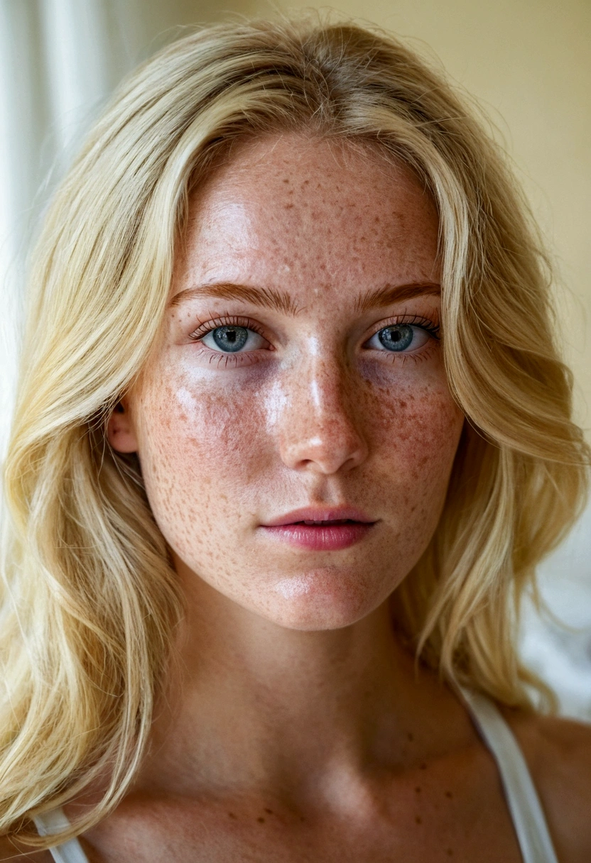 summer6, portrait d&#39;a beautiful blonde, detailed skin texture, light freckles, in her bedroom, front view