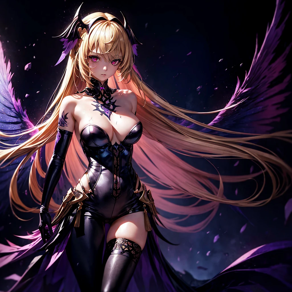 (1 girl, standing alone, AngelT), pink eyes, blonde hair with purple tips, long straight hair, black pants, partially nude, tempting outfit, tattoo marks on the body, wings, gaping mouth, looking ahead at viewer, eyes wide open, confused expression, black goddess, Veil on head, sleeveless divine outfit,ultra realistic skin, breasts big, air of mystique,4K, ultra realistic skin