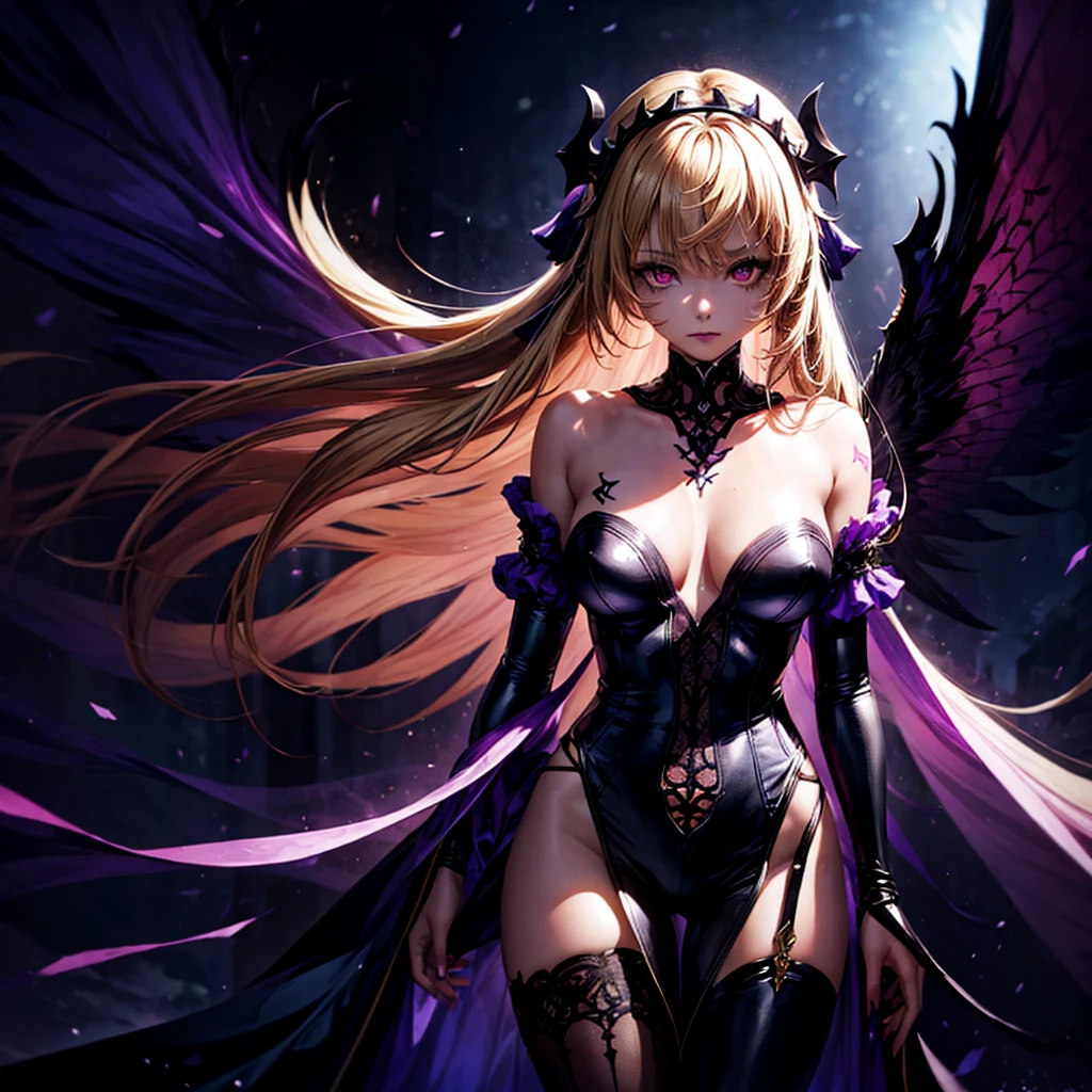 (1 girl, standing alone, AngelT), pink eyes, blonde hair with purple tips, long straight hair, black pants, partially nude, tempting outfit, tattoo marks on the body, wings, gaping mouth, looking ahead at viewer, eyes wide open, confused expression, black goddess, Veil on head, sleeveless divine outfit,ultra realistic skin, breasts big, air of mystique,4K, ultra realistic skin