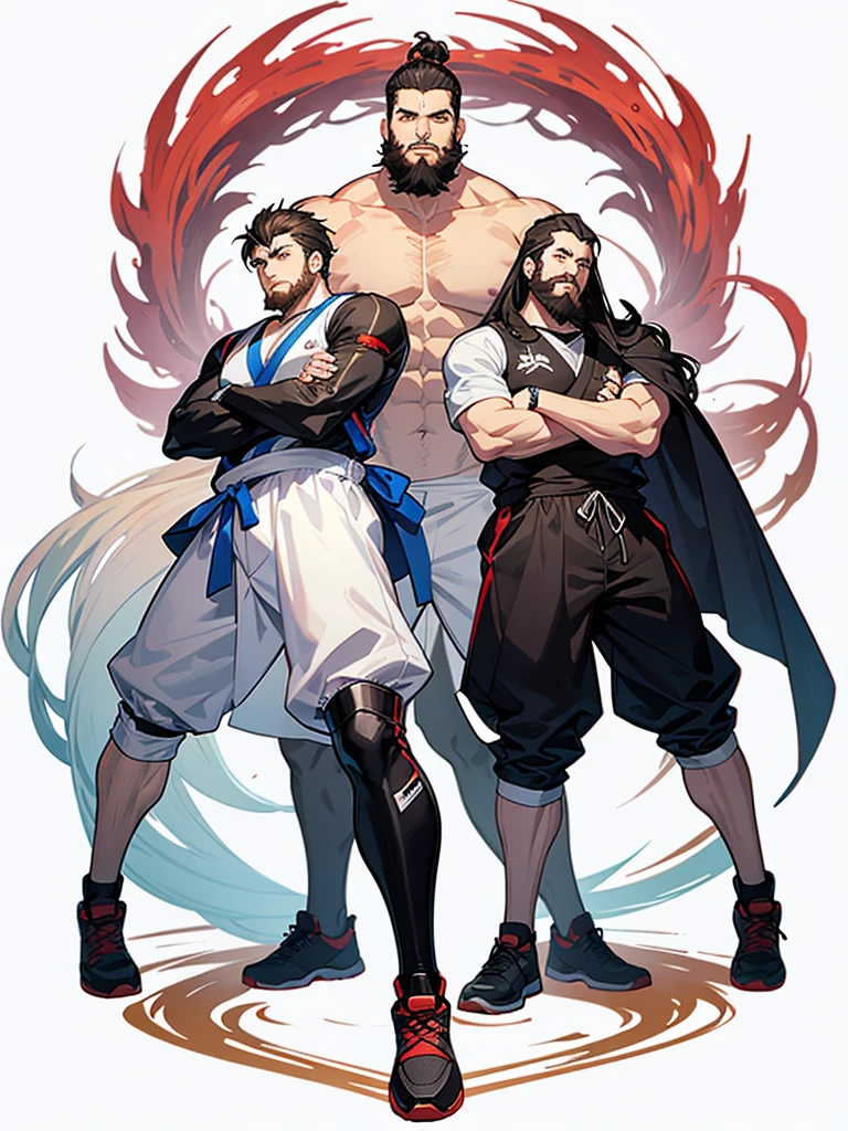 anime style, concept art, design works, three views, full body, white background, He is a stocky basketball player. He has a beard. He wears his long hair in a single bun, 