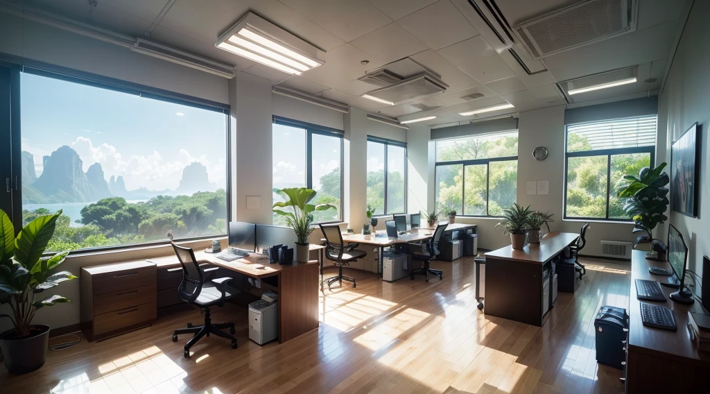 Bustling open plan offices，Designed to harmonize productivity and natural elements. The large room is dotted with dozens of island tables, Each room is equipped with a stylish computer and a high-resolution screen, Where teams collaborate seamlessly. In a productive buzz, Carefully arranged with a large number of vibrant flowers and verdant plants, Infuse the space with a fresh, natural touch. Delicate orchids and cascading vines add a touch of color to the workstation, And the elegant fish family box is strategically placed，Creates a sense of tranquility and wonder. Plenty of natural light floods through the large windows, Cast a soft glow on a well-arranged table. ao mesmo tempo, Carefully positioned adjustable luminaires ensure an ideal working environment, Optimal illumination for focused tasks. This hand-picked feature fusion, natural beauty, State-of-the-art technology creates an inspiring and energetic atmosphere, Increase productivity and well-being.