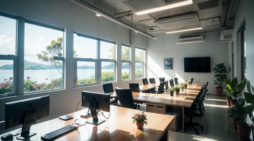Bustling open plan offices,Designed to harmonize productivity and natural elements. The large room is dotted with dozens of island tables, Each room is equipped with a stylish computer and a high-resolution screen, Where teams collaborate seamlessly. In a productive buzz, Carefully arranged with a large number of vibrant flowers and verdant plants, Infuse the space with a fresh, natural touch. Delicate orchids and cascading vines add a touch of color to the workstation, And the elegant fish family box is strategically placed,Creates a sense of tranquility and wonder. Plenty of natural light floods through the large windows, Cast a soft glow on a well-arranged table. ao mesmo tempo, Carefully positioned adjustable luminaires ensure an ideal working environment, Optimal illumination for focused tasks. This hand-picked feature fusion, natural beauty, State-of-the-art technology creates an inspiring and energetic atmosphere, Increase productivity and well-being.