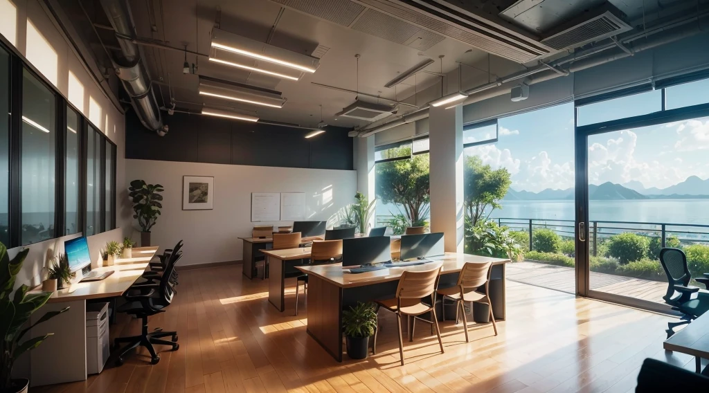 Bustling open plan offices,Designed to harmonize productivity and natural elements. The large room is dotted with dozens of island tables, Each room is equipped with a stylish computer and a high-resolution screen, Where teams collaborate seamlessly. In a productive buzz, Carefully arranged with a large number of vibrant flowers and verdant plants, Infuse the space with a fresh, natural touch. Delicate orchids and cascading vines add a touch of color to the workstation, And the elegant fish family box is strategically placed,Creates a sense of tranquility and wonder. Plenty of natural light floods through the large windows, Cast a soft glow on a well-arranged table. ao mesmo tempo, Carefully positioned adjustable luminaires ensure an ideal working environment, Optimal illumination for focused tasks. This hand-picked feature fusion, natural beauty, State-of-the-art technology creates an inspiring and energetic atmosphere, Increase productivity and well-being.