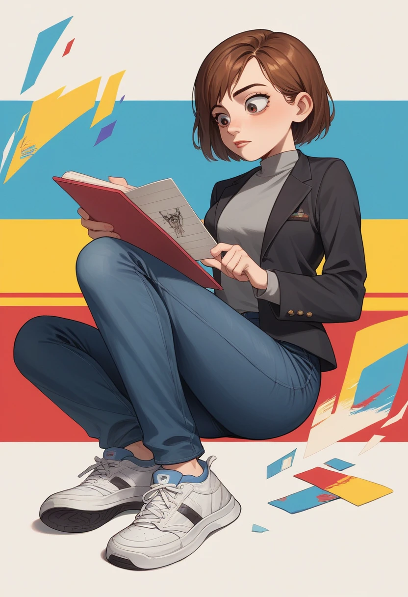 3D PIXAR STYLE POSTER. WOMAN 35 YEARS OLD, with light skin, MEDIUM BROWN HAIR ON THE SIDE, eyes browns, black blazer, black jeans pants, gray shirt, White sneakers, notebook in hand, COLORFUL BACKGROUND WITH RED PUZZLE, Unripe, azul e amarelo