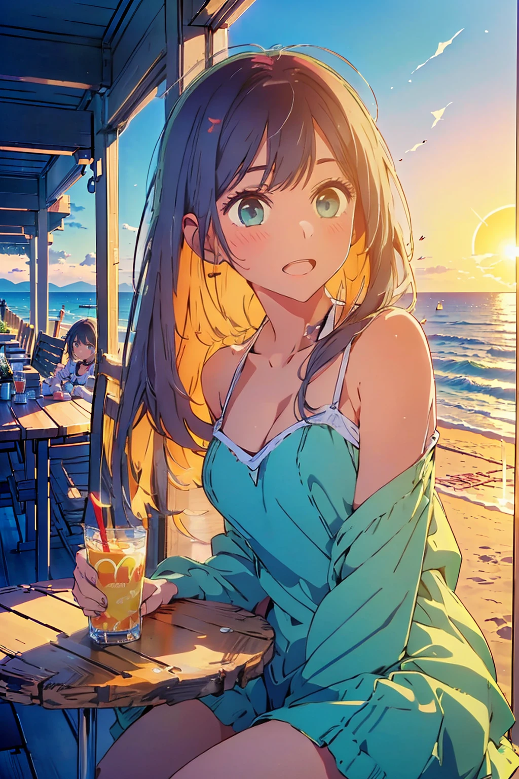(Highest quality:1.4、masterpiece:1.4、Super detailed:1.4、8k:1.4)、((((1 person、Surprised expression、sit、Indoor cafe terrace、coastal、juice、table、Sandy Beach、juiceのグラスを持つ、Sunset lit beach、The sun's warm light bathes the entire scene.、Micro Bikini、Very soft 、Big eyes、Very cute face))))、F cup bust、Medium breast、Underboob
