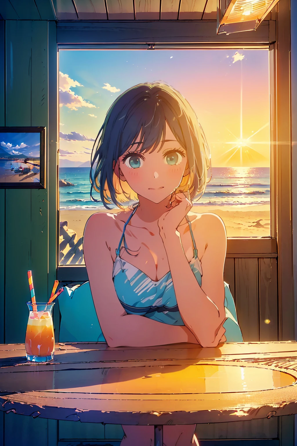 (Highest quality:1.4、masterpiece:1.4、Super detailed:1.4、8k:1.4)、((((1 person、Surprised expression、sit、Indoor cafe terrace、coastal、juice、table、Sandy Beach、juiceのグラスを持つ、Sunset lit beach、The sun&#39;s warm light bathes the entire scene.、Micro Bikini、Very soft 、Big eyes、Very cute face))))、F cup bust、Medium breast、Underboob