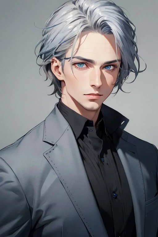 ((best quality)), ((masterpiece)), (detailed), realistic perfect face a 32 years men realistic blue eyes, colour black and gray hair, normal clothes