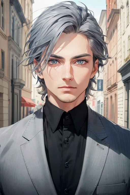 ((best quality)), ((masterpiece)), (detailed), realistic perfect face a 32 years men realistic blue eyes, colour black and gray hair, normal clothes