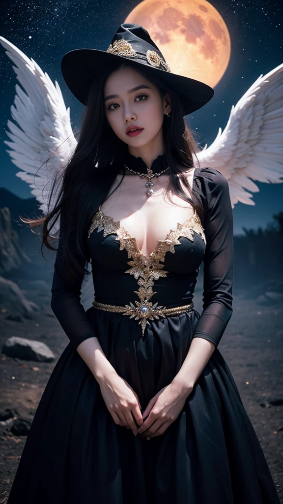 Detailed image quality，Witch Pandora，wing, Succubus主题，堕落angel，Excellent，scary，Secret phobia，moustache，with eyes，Strange valley effect，Blood Moon Beast，skeleton，vampire，Hellfire，queen of darkness，angel，magician magic witch，16岁angel，The eyes are blue.(The pupils were as deep as the starry sky.)，Beautiful tattoo designs all over the body，Succubus，queen of darkness，gold jewelry，silk wedding dress，Ghost Bride，