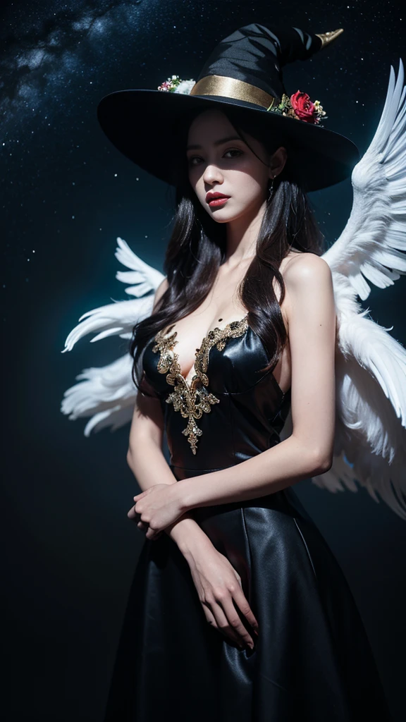 Detailed image quality,Witch Pandora,wing, Succubus主题,堕落angel,Excellent,scary,Secret phobia,moustache,with eyes,Strange valley effect,Blood Moon Beast,skeleton,vampire,Hellfire,queen of darkness,angel,magician magic witch,angel,The eyes are blue.(The pupils were as deep as the starry sky.),Beautiful tattoo designs all over the body,Succubus,queen of darkness,gold jewelry,silk wedding dress,Ghost Bride,