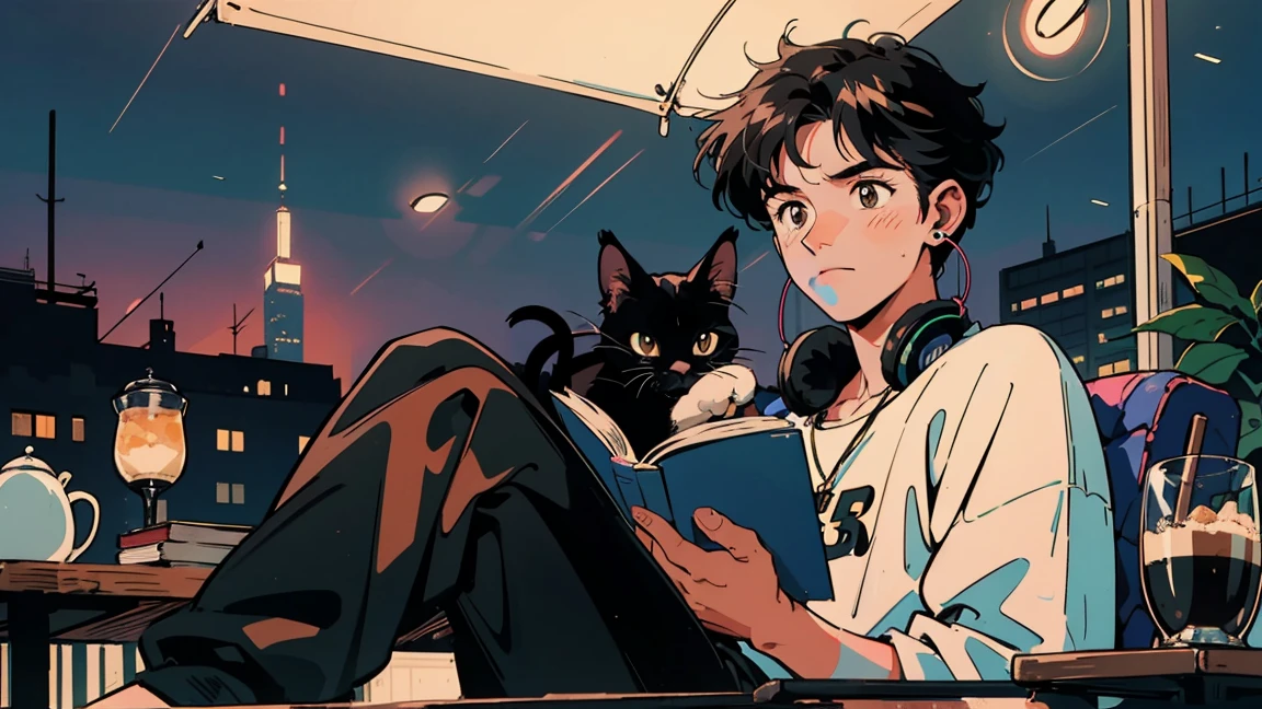 best quality, 8k, 1990s style,2010s hairstyles, 21-year-old boy, black hair, light brown eyes, city pop, pants ,night view, wearing headphones,reading a book, whole body, relax coffee,table,confection,Looking at me, Black cat