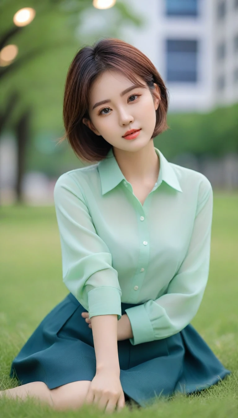 Close up of beautiful Korean woman, Short hair, Chest size 34 inches, Wear a long-sleeved shirt, skirt, in the office, bokeh background, sitting on the green grass in the park. sound