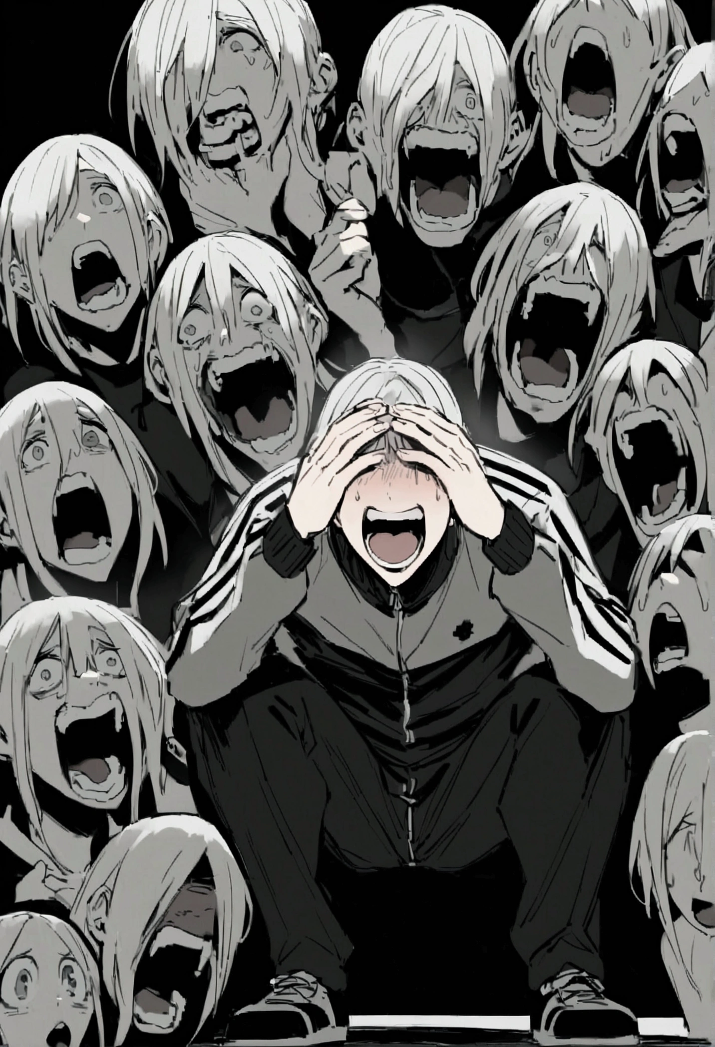 Black and White, black background, Humanity, 26-year-old male, Black neat, neat hair, A face, Wearing gray tracksuits, Squat, Raise one's eyes, Scream, call, Neil.