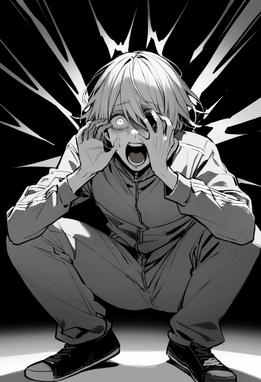 Black and White, black background, Humanity, 26-year-old male, Black neat, neat hair, A face, Wearing gray tracksuits, Squat, Raise one's eyes, Scream, call, Neil.