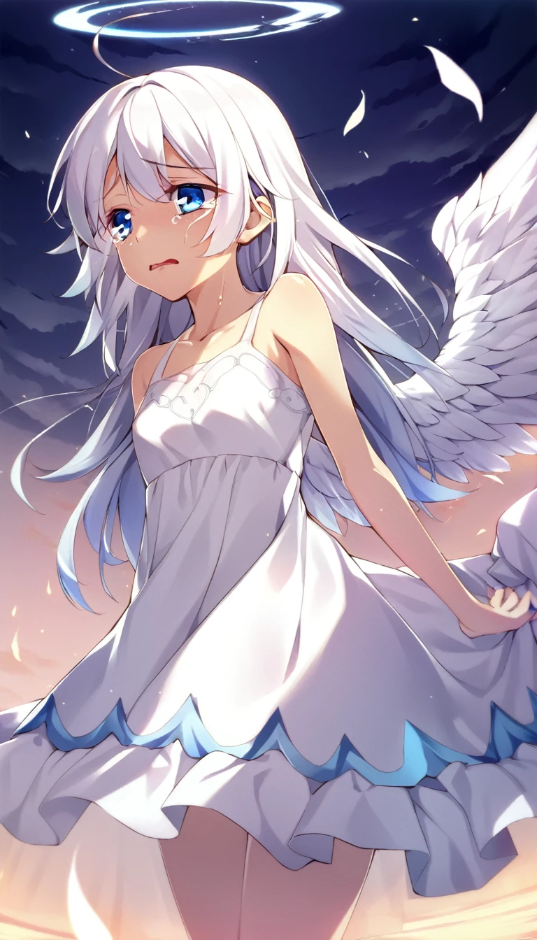 one girl, fallen angel, angel wing, angel ring, sacred, cute, naive, tears runs down, 15 years old, beautiful, light blue eyes, white dress, white hair, hurt