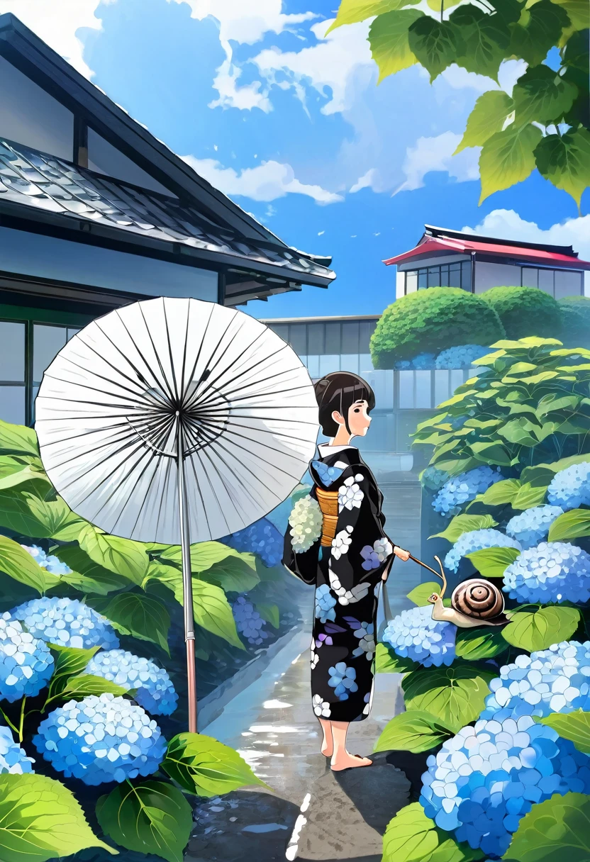 (One japanese woman:1.5), (Adult japanese women:1.5), (slender:1.3), Black Hair, short hair, Wearing a floral pattern yukata, Holding a white Japanese umbrella, Backshot, Look back at the camera, Hydrangea in the foreground, (One Snail on a hydrangea leaf:1.3), Looking at hydrangeas, Sky after rain, Puddle on the ground