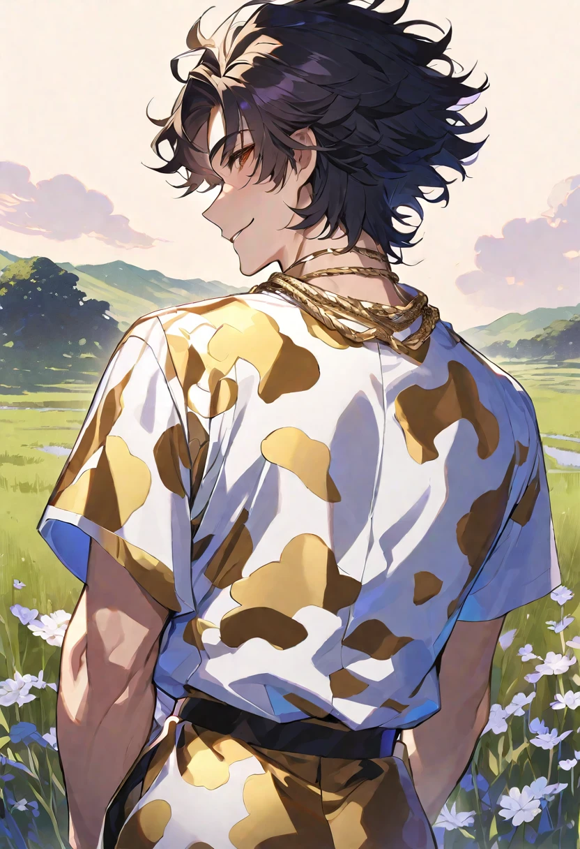 Solo,handsome, 
1. male,
bangs,Bob Hair, mash hair ,the back of one's neck,
black hair, 
Gojo Satoru ,
brown Eyes,Soft look,
beautiful,sexly,Darkness,gold necklace,
cow-patterned clothes,smile, drink beer,
simple background ,
meadow background,