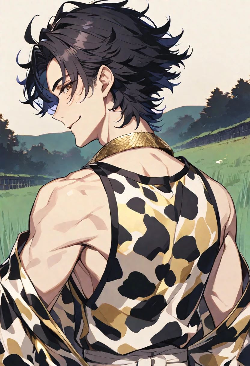 Solo,handsome,
1. male,
bangs,Bob Hair, mash hair ,the back of one's neck,
black hair,
Gojo Satoru ,
brown Eyes,Soft look,
beautiful,sexly,Darkness,gold necklace,
cow-patterned clothes,smile, drink beer,
simple background ,
meadow background,
