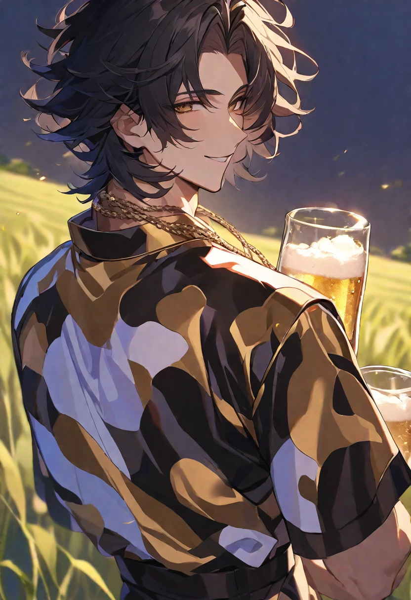 Solo,handsome,
1. male,
bangs,Bob Hair, mash hair ,the back of one's neck,
black hair,
Gojo Satoru ,
brown Eyes,Soft look,
beautiful,sexly,Darkness,gold necklace,
cow-patterned clothes,smile, drink beer,
simple background ,
meadow background,