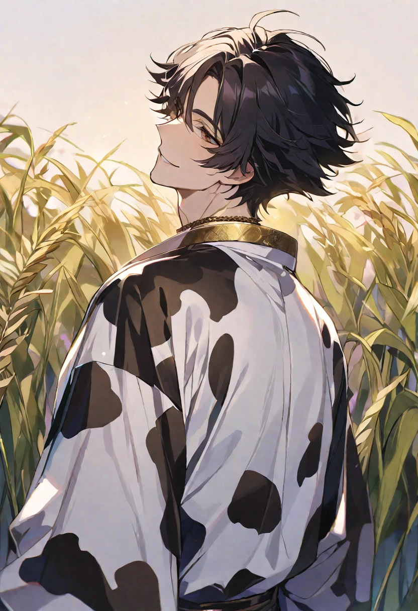 Solo,handsome, 
1. male,
bangs,Bob Hair, mash hair ,the back of one's neck,
black hair, 
Gojo Satoru ,
brown Eyes,Soft look,
beautiful,sexly,Darkness,gold necklace,
cow-patterned clothes,smile, drink beer,
simple background ,
meadow background,