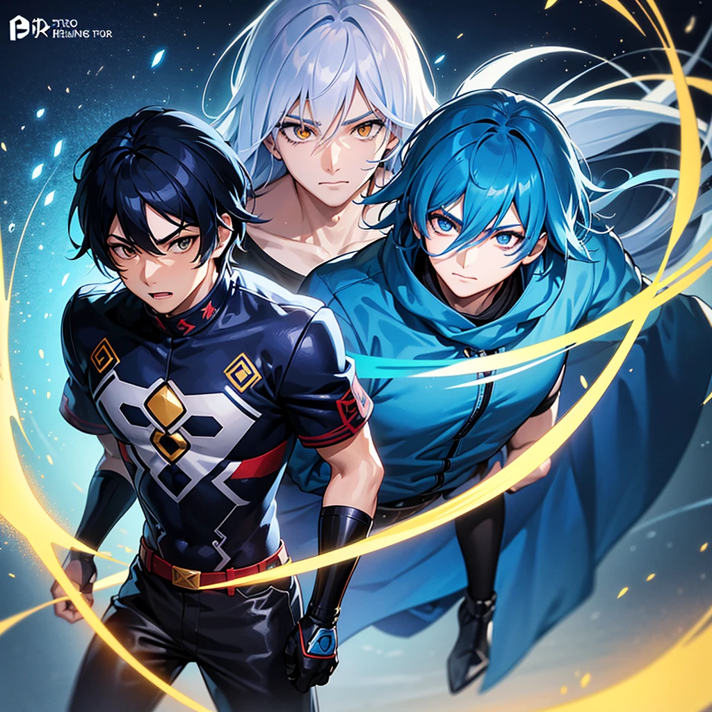 a guy with blue wings that looks like he is a Japanese anime style, Gaming texture, manga cover style, hero VConUPLE, A close up of A man Person Walking Facing Right, high angle perspective, a Mouth Smile, Boys Face style, Black with Blue Japanese Hairstyles For Men, Yellow_Eyes, skill Efforts, light, Blue flames cool, High, a anime Highest style, Blue Hair, powerful, T-shirts, Color cape Blue, a in cool Realistis, a scenery sunset background Buram Perbesaran, digital anime style, sunset, UHD, Lens flare, digital Style, manga cover style, 3d cg rendering, HD Best quality