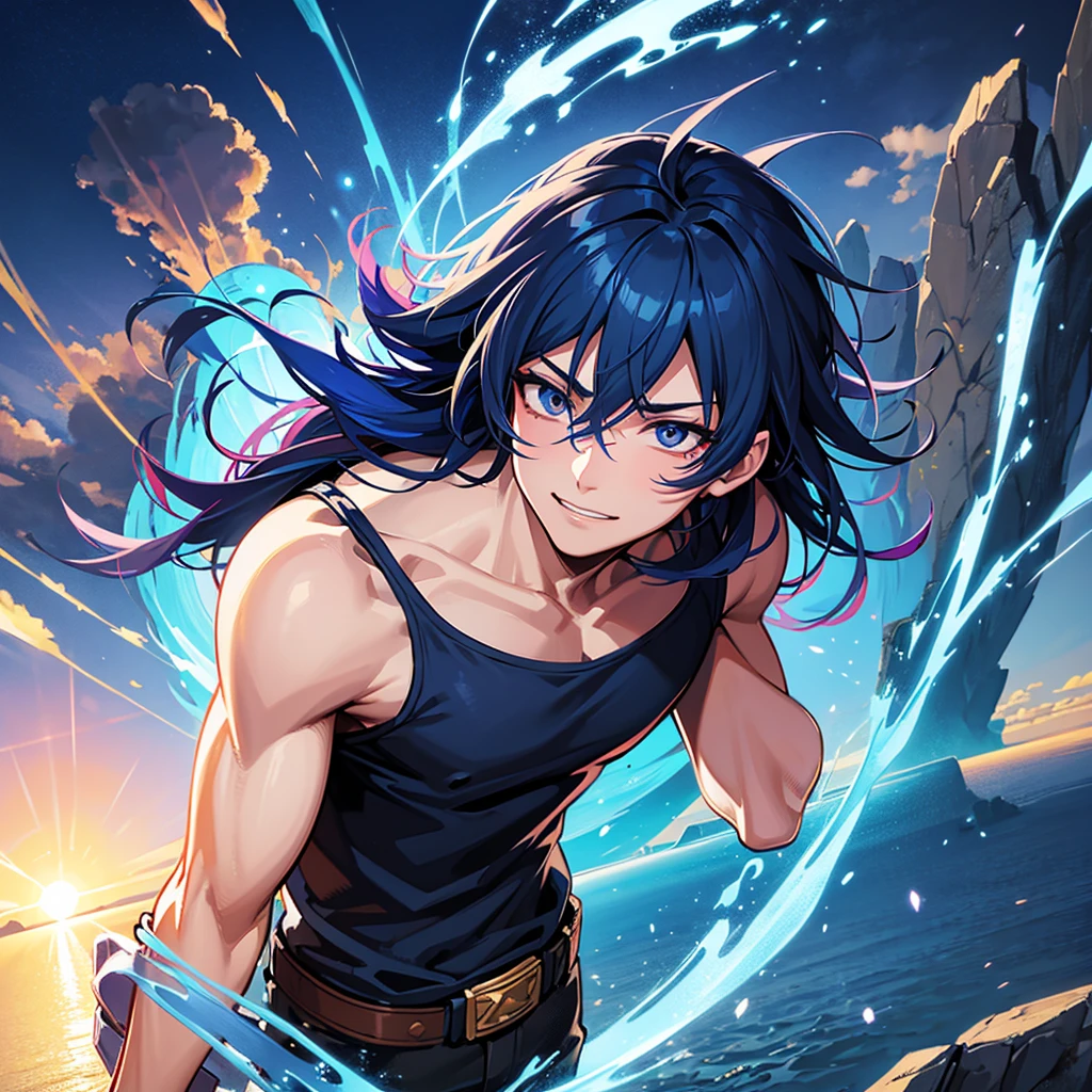 Inosuke hashibira, anime guy with blue hair and no shirt holding a sword, handsome guy in demon slayer art, gapmoe yandere, (sfw) safe for work, badass anime 8 k, handsome japanese demon boy, okata kazuto, handsome anime pose, gapmoe yandere grimdark, muscular!!, male anime character, 2 d anime style,