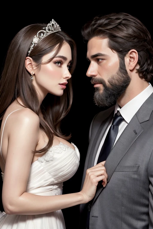 Couple looking at each other both handsome she dressed as a bride brown hair and eyes angelic face rosy mouth and he looking 37 hair with a few grey hairs beard manly body wearing a black suit real people and not like a drawing