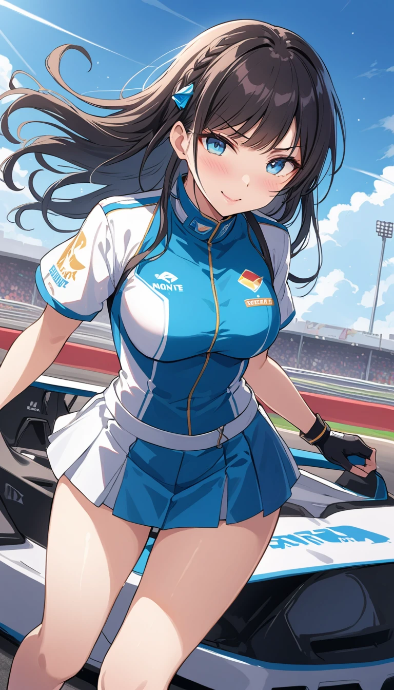 Ultra-high resolution, 1 Girl, 18-year-old, (Idol:1.4), (Famous actress :1.4), (Beautifully detailed face:1), bangs, (Multicolored floating hair), Dentate-like changes in the skin, light makeup, (Medium size bust:1.3), (Glowing Skin:1.1), Shiny skin, Long limbs, slim, Tight waist, Medium Hips, Thin legs, slim太もも, Dynamic Lighting, Sexually suggestive face, Shiny texture, lipstick, V-shaped eyebrows, V-line chin, View your viewers, (長いBlack Hair:1.3), (Perfect Face:1.4), ((Strong winds)), Flowing Hair, audience, (A shy smile:1.3), blue sky, (((Monte Carlo Street Circuit))), (((Racing Car))), (((Racing Bike))), ((Promotional Girl:1.3)), ((Grid Girls:1)), Pink Lip, light makeup, (The promotional costumes, which are carefully crafted down to the last detail,:1.10), Lace-up boots, Short sleeve, Cropped tops, ((Nylon promotional hat with logo:1.3)), (((Wearing a short jacket with logo:1.3))), (Tube top bra:1), Knee-length, (((たくさんのロゴが入ったナイロンShort sleeveジャケット))), (Logo glitter long nylon pleated skirt), Small Ass, ((Promotional wear with logo:1.3)), (((Shiny white and metallic blue glitter promotional wear))), Fingerless gloves, Black Hair, Brown Hair, Redhead, blue eyes, (Drops of sweat:1), (Movement angle), walking, audience,