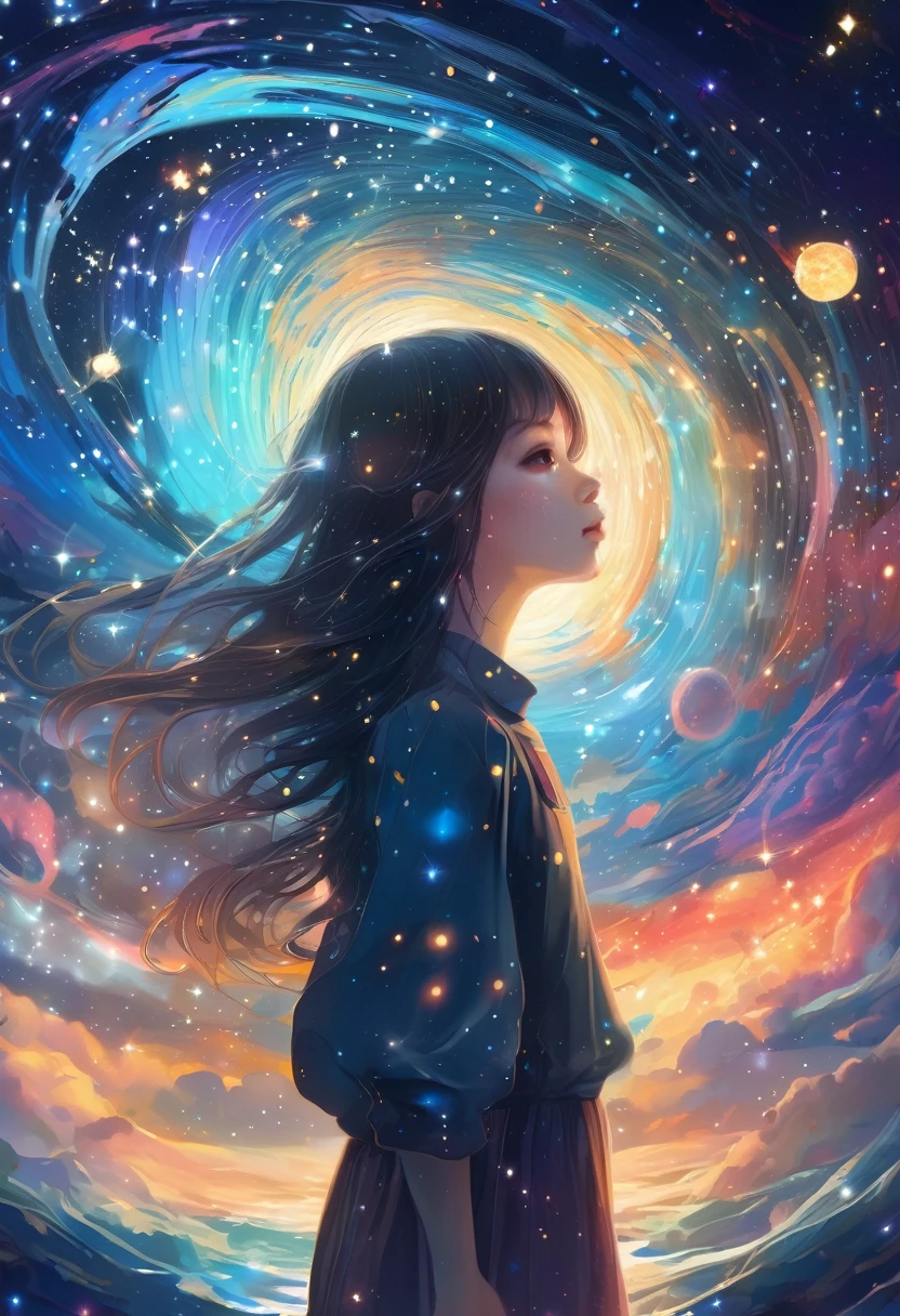 Girl、Girl in Space、Starry SkyにいるGirl、Farbe々なFarbeの星の光、Picture book illustrations、Psychedelic Art、One Girl、Starry Sky、nebula、Swirl、water、vague、superwide shot、Highest quality、Very detailed、concentrated