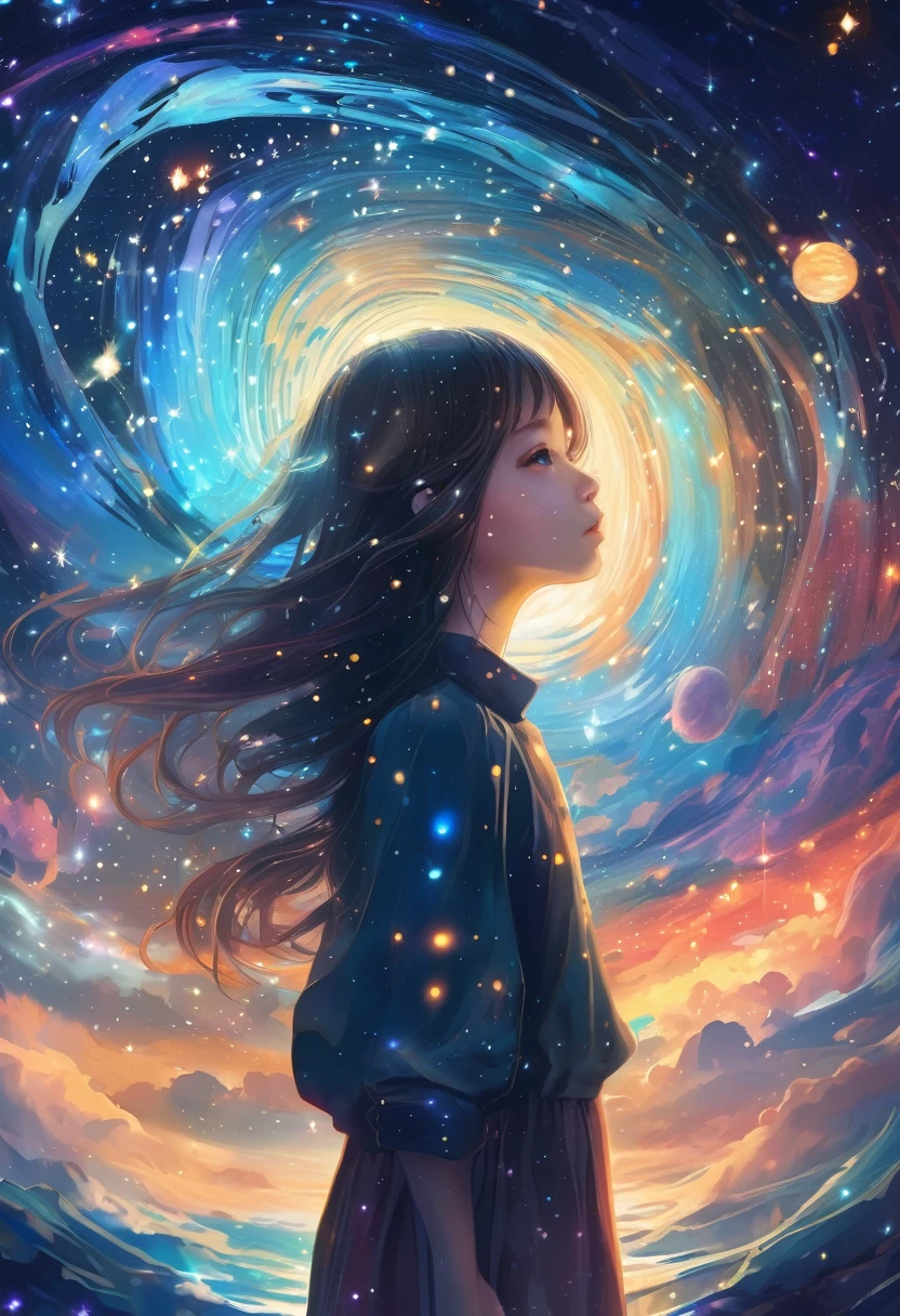 Girl、Girl in Space、Starry SkyにいるGirl、Farbe々なFarbeの星の光、Picture book illustrations、Psychedelic Art、One Girl、Starry Sky、nebula、Swirl、water、vague、superwide shot、Highest quality、Very detailed、concentrated