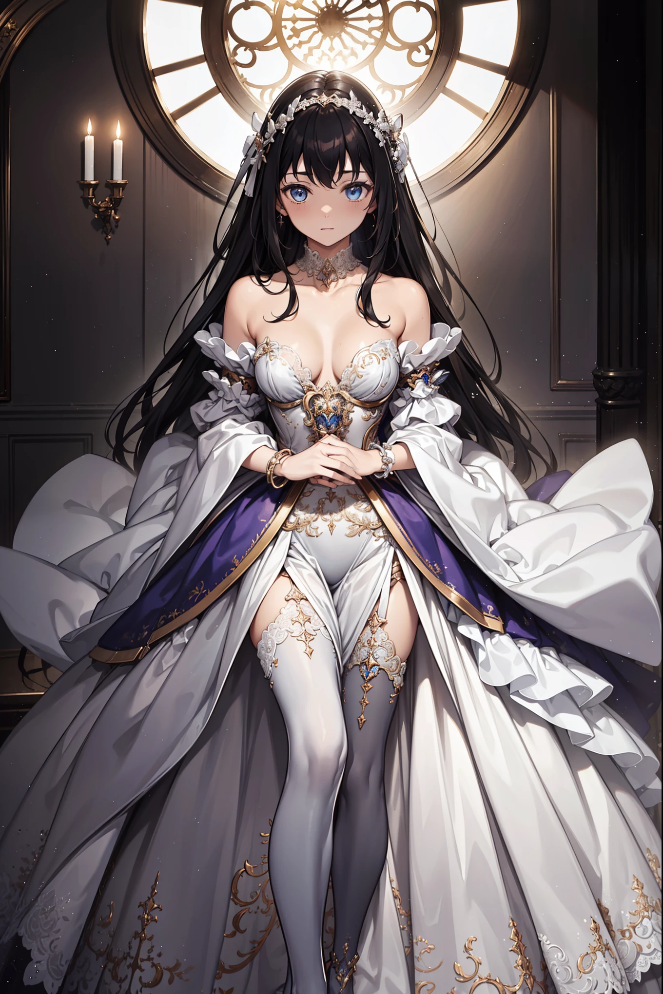 (best quality,4K,8K,high resolution,masterpiece:1.2),Extremely detailed,,,magic,enchanting,joy,Holy Goddess,magical effect,Red curly hair,blue eyes,Black translucent dress,Beautiful decoration,Features of the magical costumes of the heavens,A small amount of purple fabric,Exquisite clothing,Layered Skirt,detailed lace,Delicate ruffles,bedroom,Solitary,night,Lace pantyhose,Sacred stripes,Transparent clothing,jewel embellishment