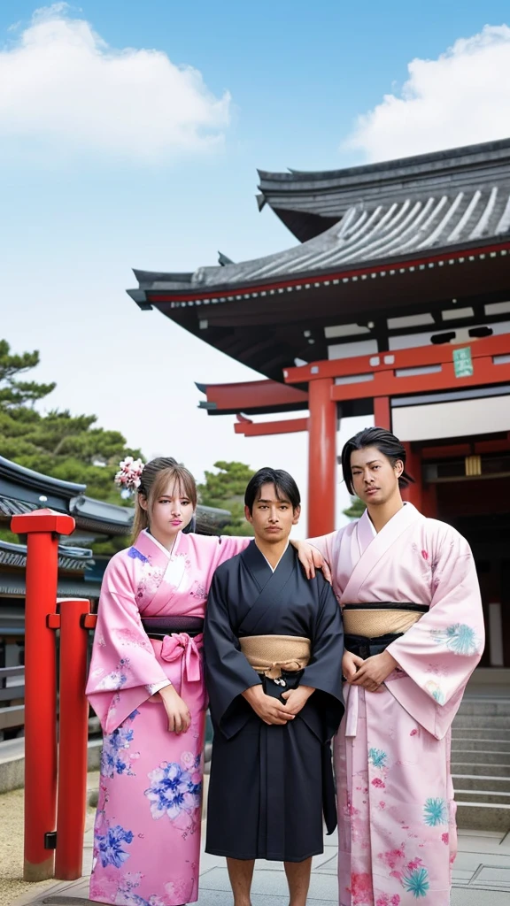 Please change the clothes of the two men and women while keeping the image of this image.。The women are wearing pink yukatas and the men are wearing black jinbei.。Also, both of their eyes are crushed, so please express them with beautiful eyes.。The torii gate in the background seems to be from a Chinese temple.、Please project a Japanese torii gate
