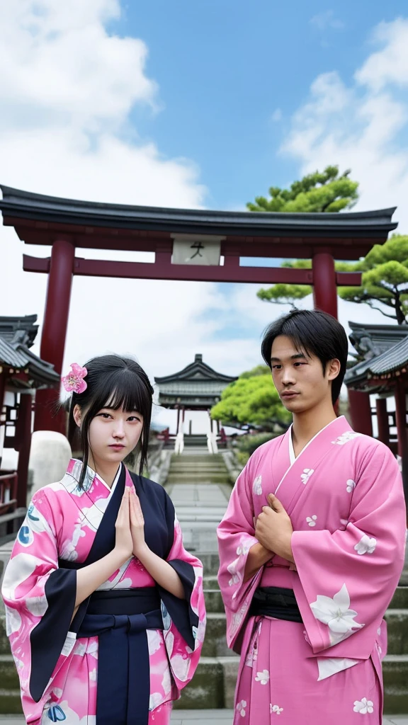 Please change the clothes of the two men and women while keeping the image of this image.。The women are wearing pink yukatas and the men are wearing black jinbei.。Also, both of their eyes are crushed, so please express them with beautiful eyes.。The torii gate in the background seems to be from a Chinese temple.、Please project a Japanese torii gate