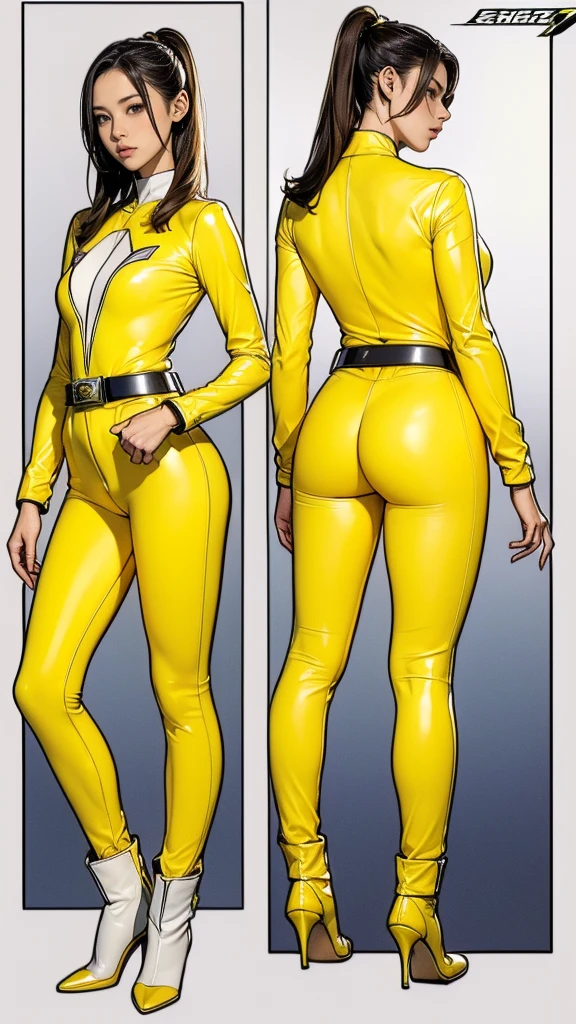 ((masterpiece)),(((Highest quality))),((Reference Sheet, Character Design, front, return, ~ ~ ~ side, Mr...々Hairstyle, Mr...々performance, Facial Expressions)), -yeld gi Cute type, (Very slim:1.4), (Very small ass:1.4), Realistic buttocks, Big Breasts, Short Bob, Thin thighs, Long legs, ((Light Yellow Enamel Power Rangers、Big Breasts、Cover all breasts at all times、Wearing a pale yellow leather full body suit、Large emblem on the chest、Always wear a belt with a large buckle, White suit、Truly a Sentai hero)), ((Browsing Caution:1.0))