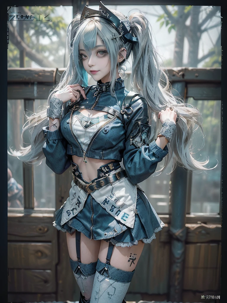 (Full body view:1.4)、(Full Body View:1.3)、(Side view:1.1)、(Smiling with teeth showing:1.3),(Shibuya Gal:1.5)、(Maid café clerk:1.5)、(Punk RockVisual Kei:1.4)、(Turquoise, navy and denim medieval noble zip up:1.5)、(Navy and white arm covers and micro mini skirt:1.5)、(Blue high heels:1.3)、(Wearing silver accessories:1.5)、(Dark brown collar:1.4)、(Leather garter belt:1.4)、(Brown Skin Belt:1.3)、(Black lace underwear:1.5)、30 years old、NSFW、((Highest quality、In 8K、masterpiece:1.3))、Sharp focus:1.2、(Layered Cut、Huge boobs:1.1),Beautiful woman with perfect figure:1.4、(Doing an aerobics pose:1.3)、Slender Abs:1.2、Highly detailed face and skin texture、Detailed eyes、double eyelid,(Twin tails:1.3)、(Light gold colored hair:1.3)、Gravure idol、(A fairytale-like cafe with a lush tree background:1.3)、(Slim Body:1.3),(Make your legs thinner:1.4),(Thin, thin thighs:1.3)、(clavicle:1.1)