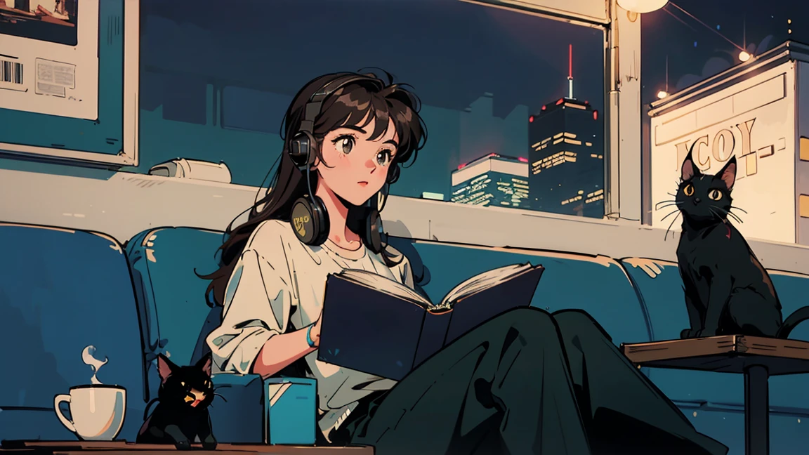 best quality, 8k, 1990s style,2010s hairstyles, 21 year old girl, black hair, long hair, light brown eyes, city pop, pants ,night view, wearing headphones,reading a book, whole body, relax coffee,table,confection,Looking at me, Black cat