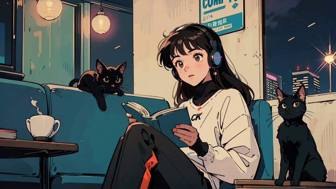 best quality, 8k, 1990s style,2010s hairstyles, 21 year old girl, black hair, long hair, light brown eyes, city pop, pants ,night view, wearing headphones,reading a book, whole body,  relax coffee,table,confection,Looking at me, Black cat
