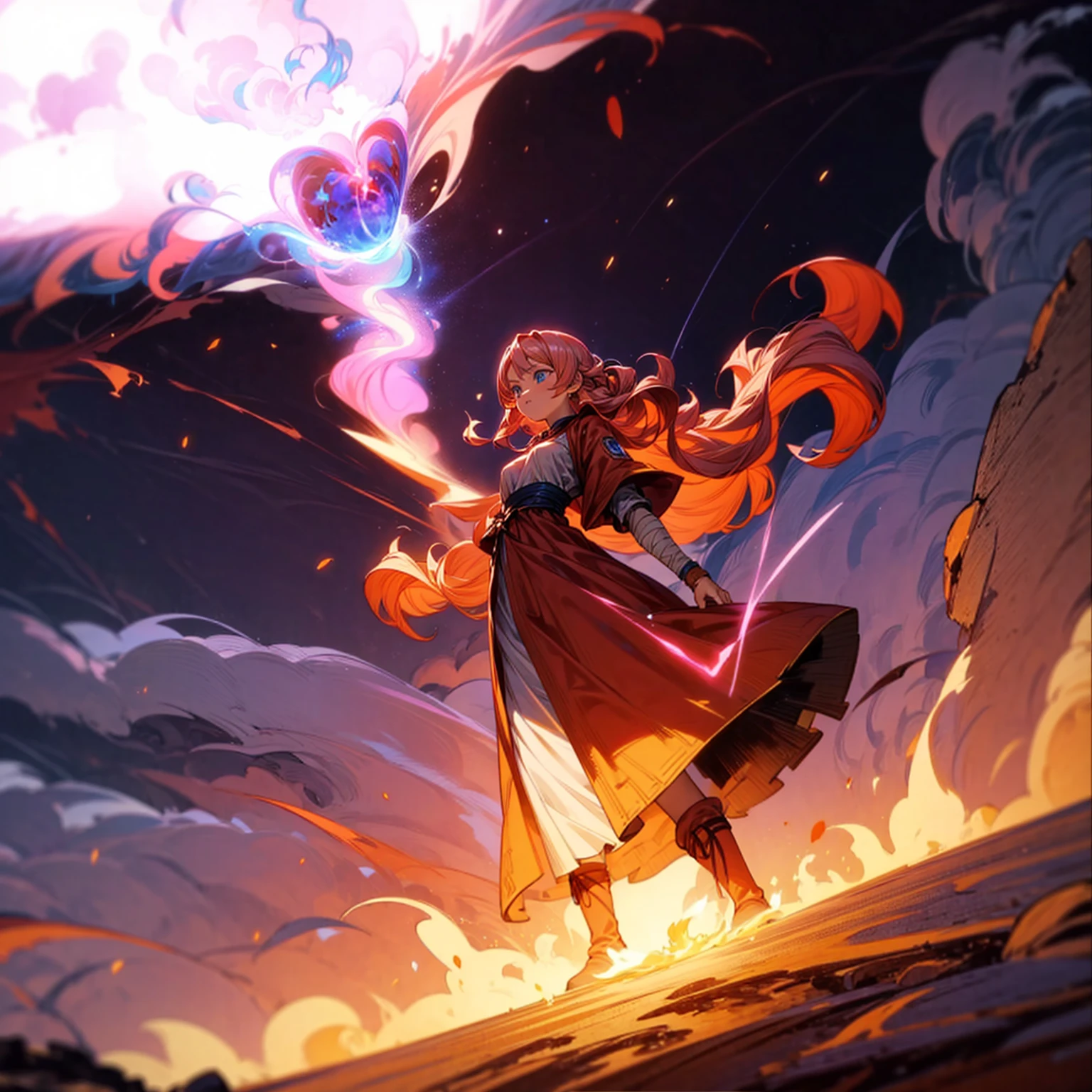 1woman, 1character, woman version, blue eyes, long Curly haircut, pink colour hair, Ancient Roman clothing, red colour clothing, long dress, boots, Bandage on hand, Grassroots, background in field town, motion blur, fire burned in hand, (dragon ball style art), (high angle view), smoke effect, aura effect, blue lighting, (the largest blue fireball), Moonlight, moon, blue fireball light silhouette, blue fire, lightning flash, plasma effect 