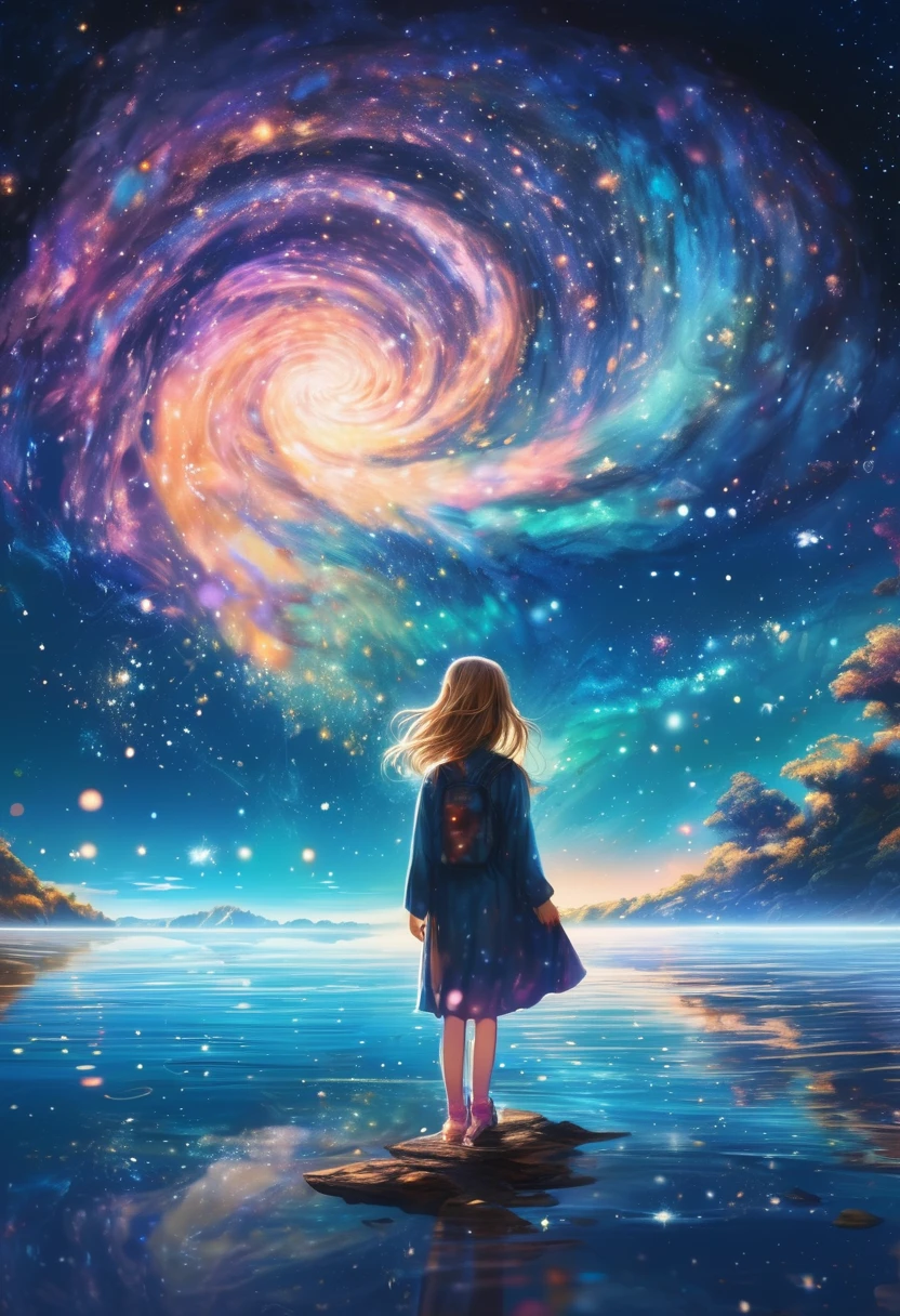 Girl、Girl in Space、Starry SkyにいるGirl、Farbe々なFarbeの星の光、Picture book illustrations、Psychedelic Art、One Girl、Starry Sky、nebula、Swirl、water、vague、superwide shot、Highest quality、Very detailed、concentrated