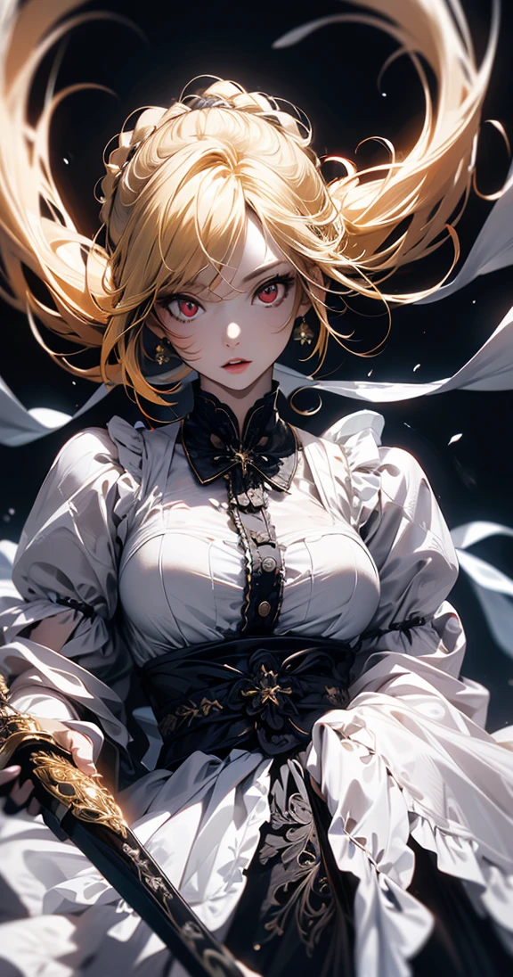 masterpiece, high quality, 4K, Beautiful design, silhouette,blonde, Highly detailed and amazing starry sky, Finer details, Very knowledgeable woman, Highly detailed solo, 1 female,Red eyes,Big Breasts,White Lolita Fashion,cross,