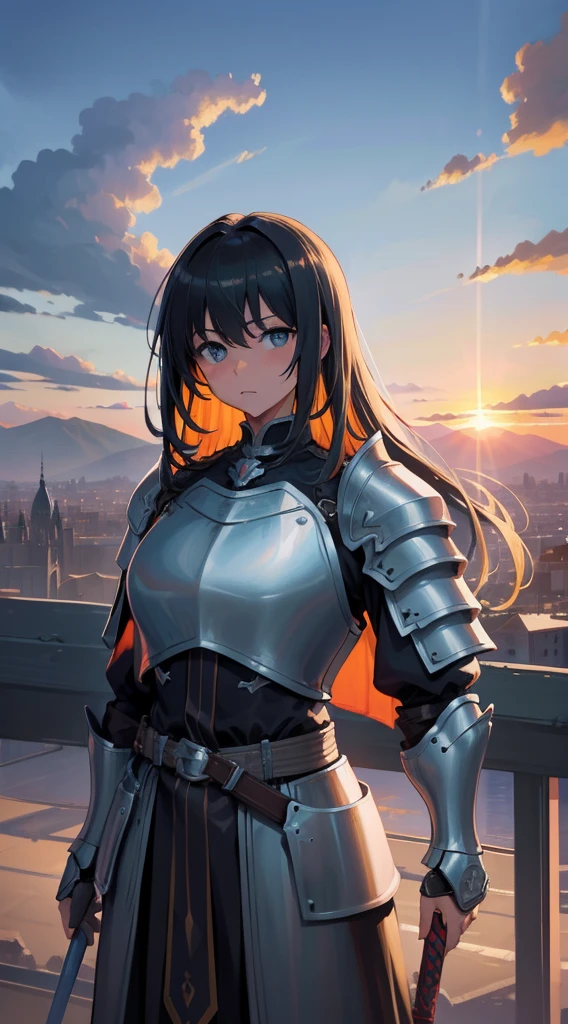 Clouds， view over city， mountain ranges，Original Character、Fantasy concept art、Volumetriclighting、best shadow、Portrait of a noble knight、dignified、Sophisticated tactical heavy armor、shelmet，Shoulder blades、Tassel waistband、Hand Guard、Poleyn、High quality armor texture，broad shoulder，extremely hyper。sword sheath，Stand up，arms folded，Gaze at the viewer，Dazzling sunlight，（HighestQuali，astonishing detail：1.25），（solo：1.3），Brilliant and colorful paintings