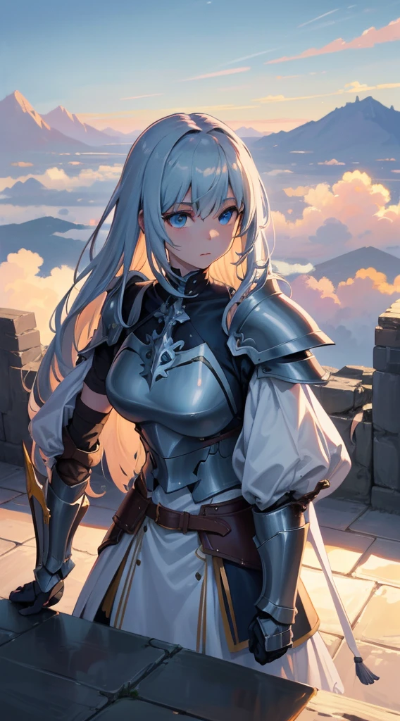 Clouds， view over city， mountain ranges，Original Character、Fantasy concept art、Volumetriclighting、best shadow、Portrait of a noble knight、dignified、Sophisticated tactical heavy armor、shelmet，Shoulder blades、Tassel waistband、Hand Guard、Poleyn、High quality armor texture，broad shoulder，extremely hyper。sword sheath，Stand up，arms folded，Gaze at the viewer，Dazzling sunlight，（HighestQuali，astonishing detail：1.25），（solo：1.3），Brilliant and colorful paintings