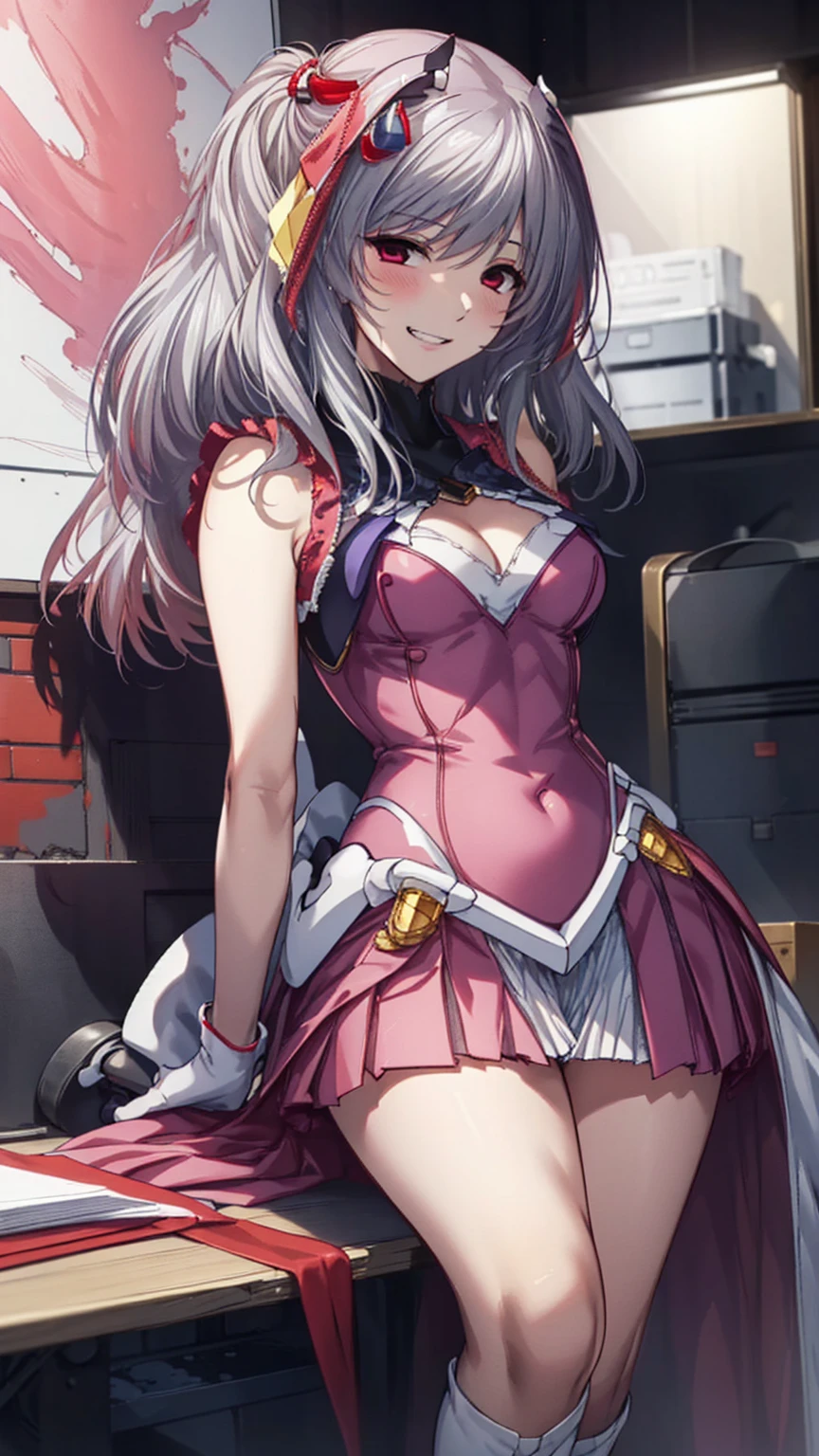 close up, (masterpiece), (best quality), (ultra-detailed), intricate detail, athena97, 1girl, solo, purple eyes, purple hair, long hair, white earrings, yellow hairband, red heart ornament, medium breats, red vest, white turtleneck, white puffy sleeves, red pleated skirt,purple sphere shape necklace, white fingerless gloves, white socks, red boots,on street,moon, photography,(blush:1.1), (sad smile),cleavage cutout, blurry background, on back (white panties), open mouth, dirty, torn clothes