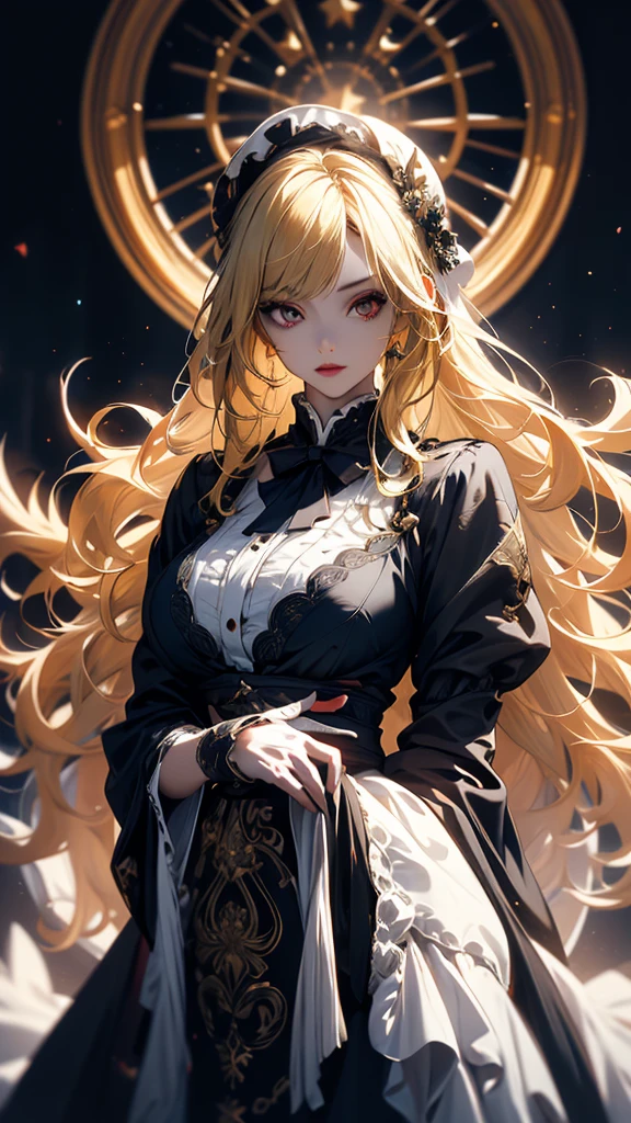 masterpiece, high quality, 4K, Beautiful design, silhouette,blonde, Highly detailed and amazing starry sky, Finer details, Very knowledgeable woman, Highly detailed solo, 1 female,Red eyes,Big Breasts,White Lolita Fashion,cross,